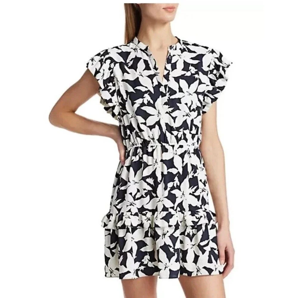 Joie Krystina Dress Sz M Ruffles Flutter Sleeve Summer White Black Floral $348 - Picture 1 of 13